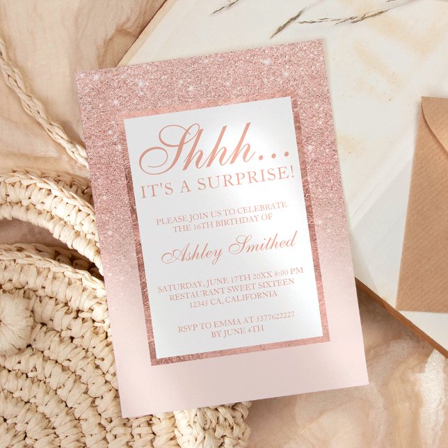 Shhh surprise rose gold glitter chic Sweet 16 Invitation (Creator Uploaded)
