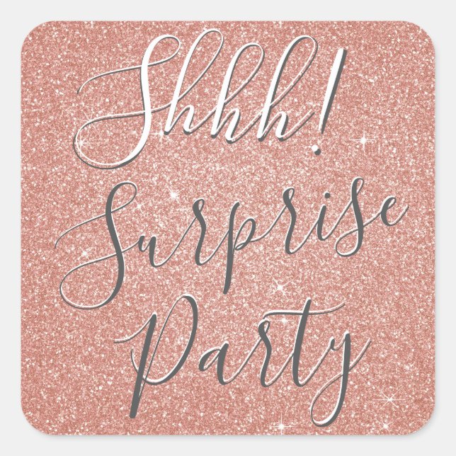 Shhh! Surprise Rose Gold Pink Birthday Party Square Sticker (Front)