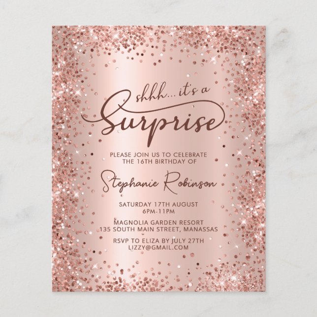 Shhh Surprise Rose Gold Sweet 16 Birthday Invite (Front)