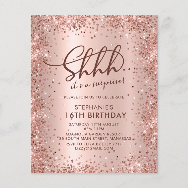 Shhh Surprise Rose Gold Sweet 16 Birthday Invite (Front)