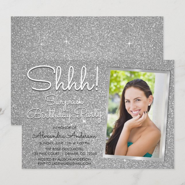 Shhh! Surprise Silver Birthday Party Photo Invitation (Front/Back)