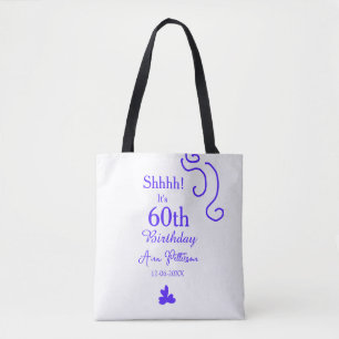 Shhhh it's 60th birthday add name purple spanish r tote bag