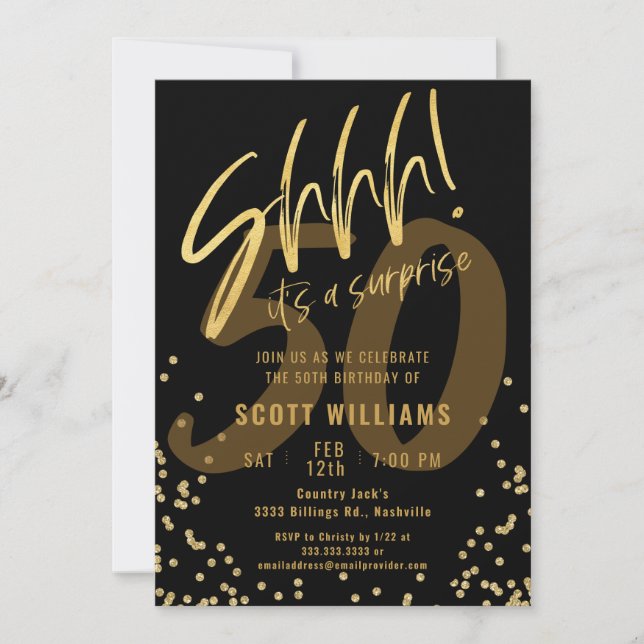 Shhhh! It's a Surprise Gold Black Birthday Party Invitation (Front)