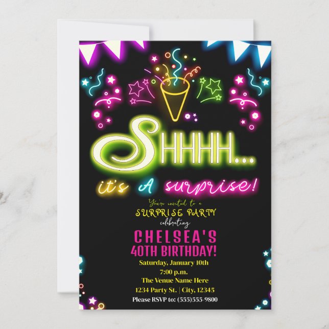 Shhhh It's A Surprise Party Neon Confetti Birthday Invitation (Front)