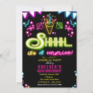 Shhhh It's A Surprise Party Neon Confetti Birthday Invitation