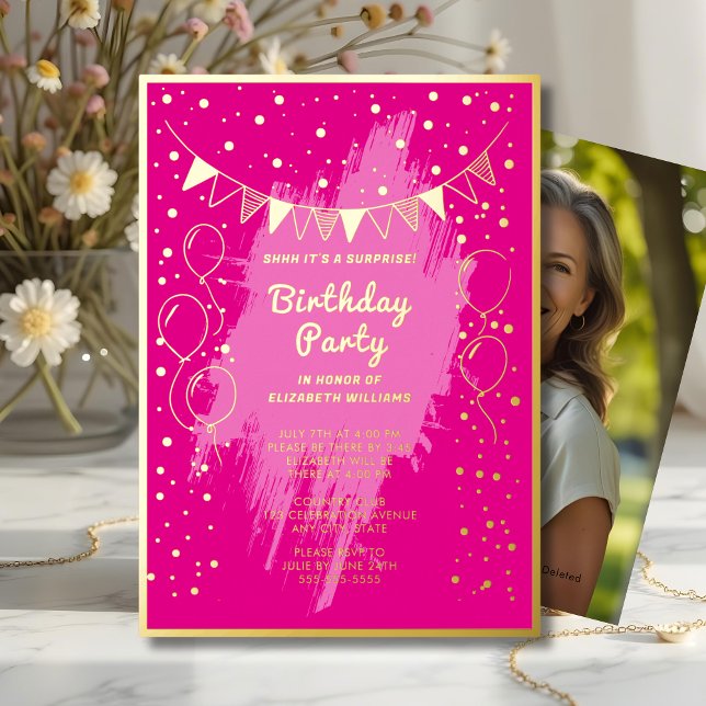 Shhhh Surprise Birthday Party Hot Pink Gold Glam   (Creator Uploaded)