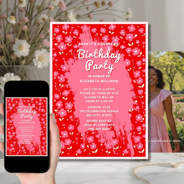 Shhhh Surprise Birthday Party Preppy Pink Flowers  Invitation (Creator Uploaded)