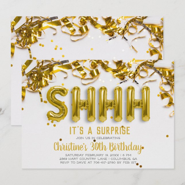 Shhhh Surprise Party Invitation | Gold Balloons (Front/Back)