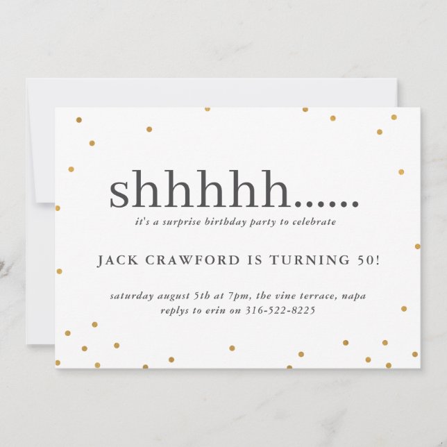 Shhhhh, surprise birthday party invitation (Front)