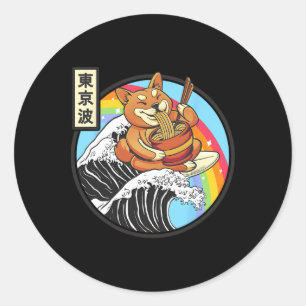 Shi Inu Eating Ramen Surfing Kanagawa Wave Japan V Classic Round Sticker