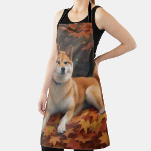 Shib Inu in Autumn Leaves Fall Inspire Apron