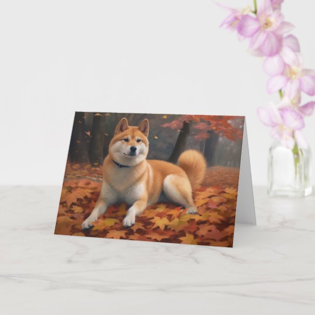 Shib Inu in Autumn Leaves Fall Inspire  Card (Orchid)