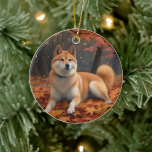 Shib Inu in Autumn Leaves Fall Inspire Ceramic Tree Decoration