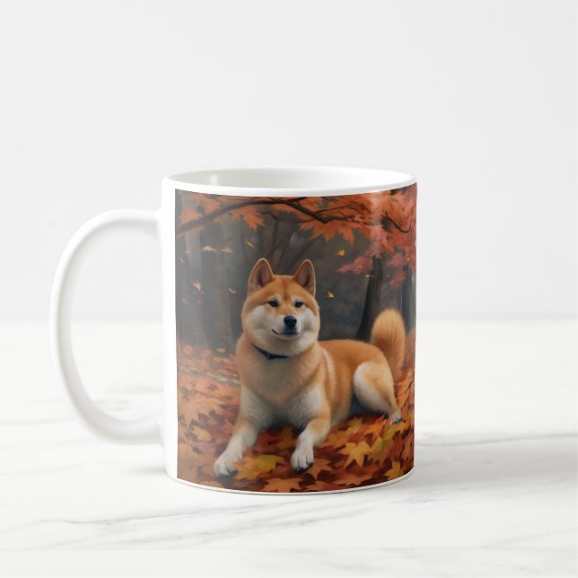 Shib Inu in Autumn Leaves Fall Inspire  Coffee Mug (Left)