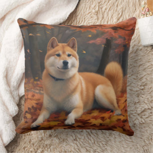 Shib Inu in Autumn Leaves Fall Inspire  Cushion