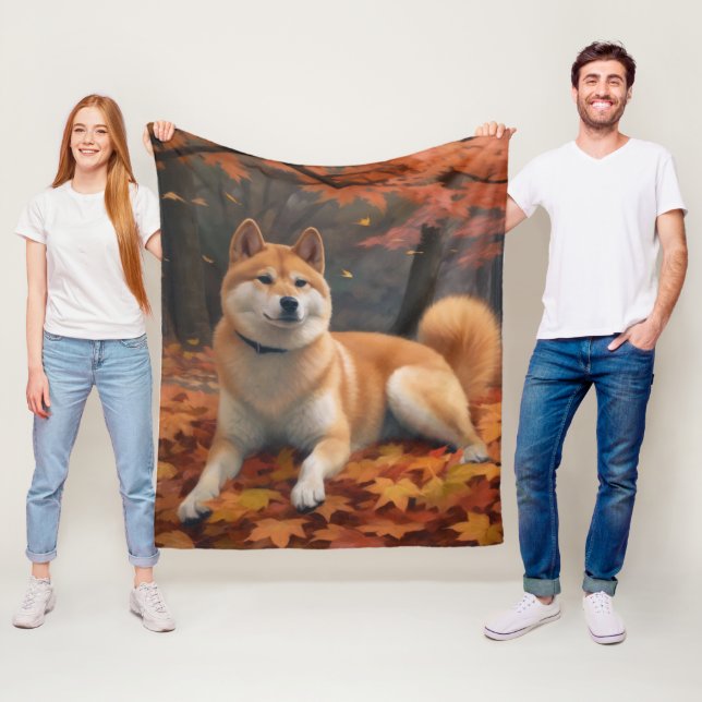 Shib Inu in Autumn Leaves Fall Inspire  Fleece Blanket (In Situ)