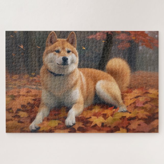 Shib Inu in Autumn Leaves Fall Inspire  Jigsaw Puzzle (Horizontal)