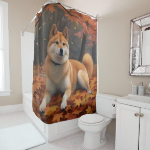 Shib Inu in Autumn Leaves Fall Inspire  Shower Curtain