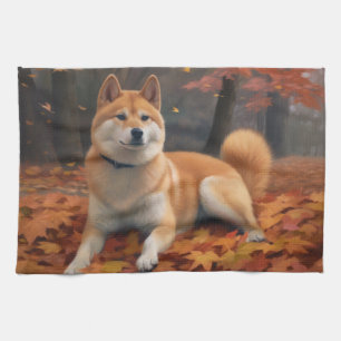 Shib Inu in Autumn Leaves Fall Inspire Tea Towel