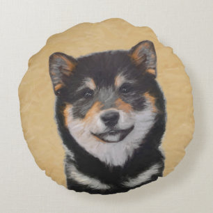 Shiba Inu (Black and Tan) Painting - Dog Art Round Cushion