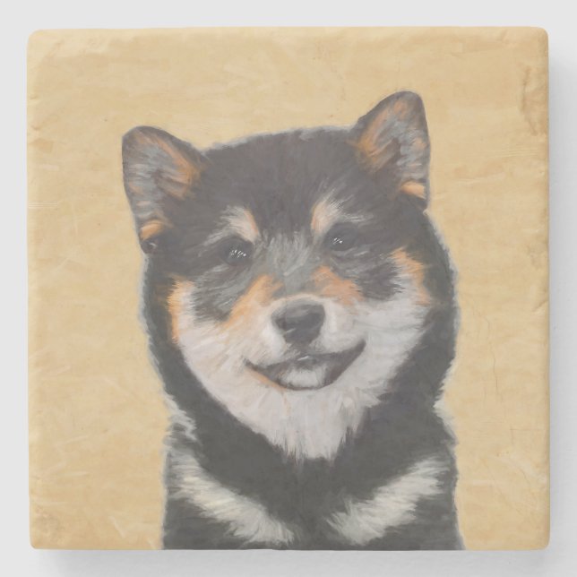 Shiba Inu (Black and Tan) Painting - Dog Art Stone Coaster (Front)