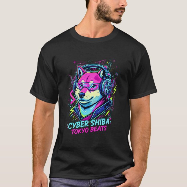 Shiba Inu Cassette DJ - Neon Cyberpunk Tokyo T-Shirt (Front)