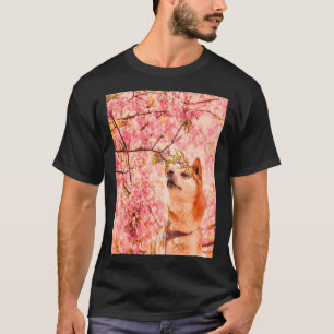 Shiba Inu Cherry Blossom Sakura Japanese Woodblock T-Shirt