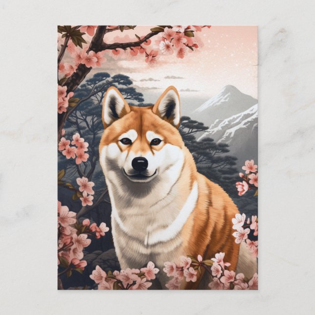 Shiba Inu Cherry Blossoms Dog Art Postcard (Front)