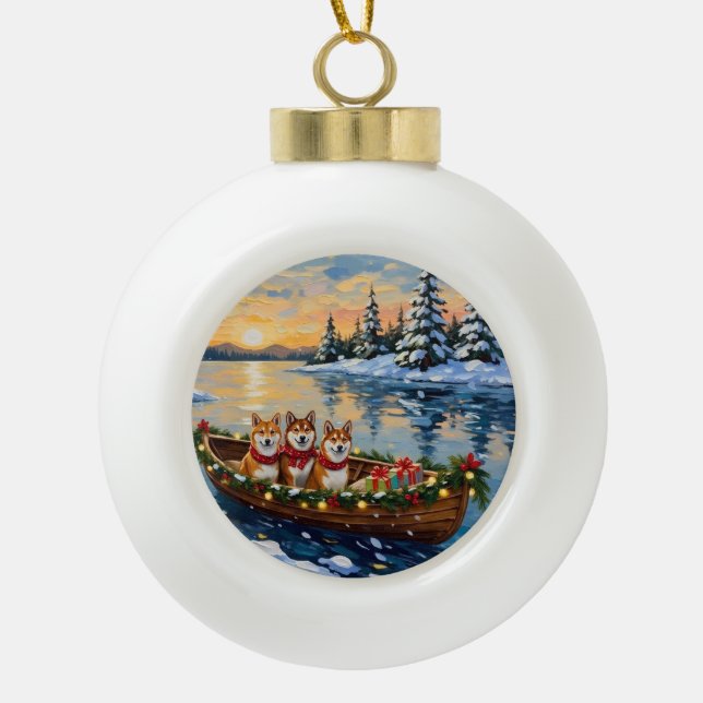 Shiba Inu Christmas Boat Holiday Ceramic Ball Christmas Ornament (Front)