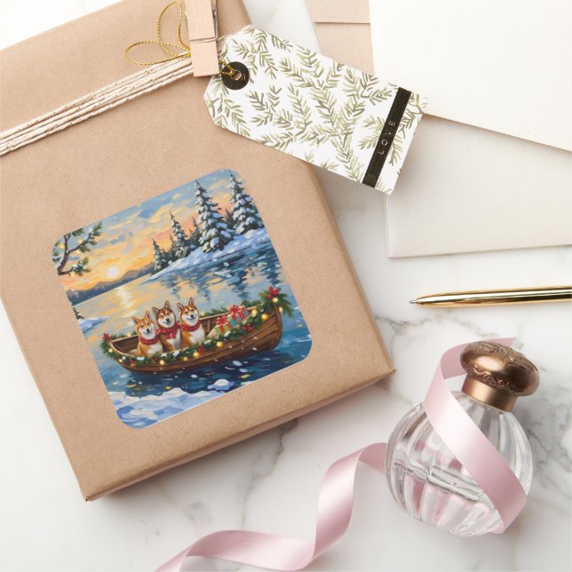 Shiba Inu Christmas Boat Holiday Square Sticker (Gifting)