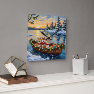 Shiba Inu Christmas Boat Holiday Square Wall Clock