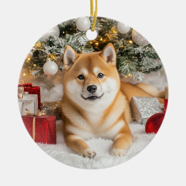 Shiba Inu Christmas Ceramic Tree Decoration (Front)