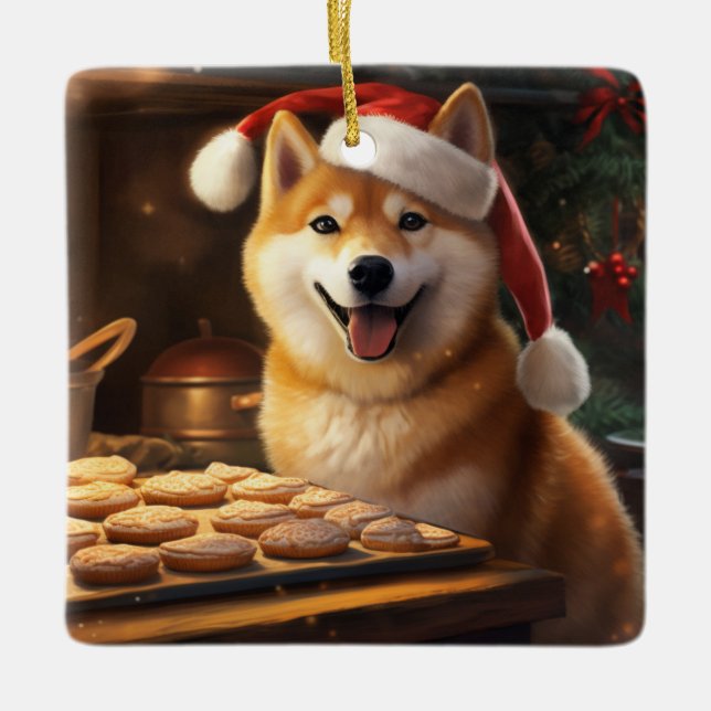 Shiba Inu Christmas Cookies Festive Holiday Ceramic Ornament (Front)