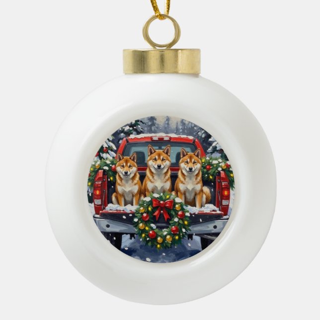 Shiba Inu Christmas Red Truck Holiday Ceramic Ball Christmas Ornament (Front)