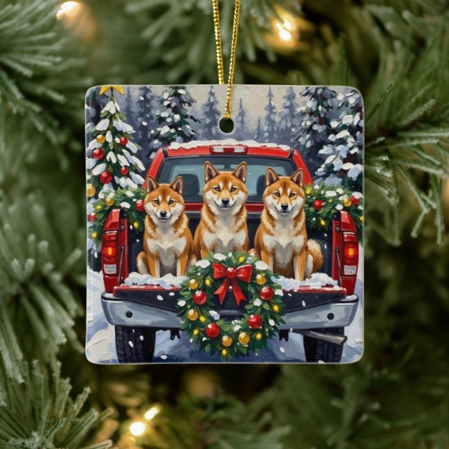 Shiba Inu Christmas Red Truck Holiday Ceramic Ornament (Tree)