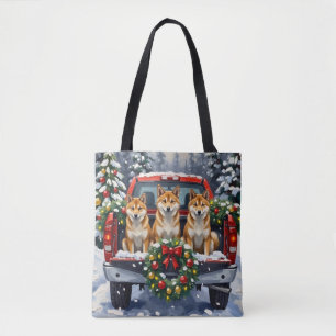 Shiba Inu Christmas Red Truck Holiday Tote Bag