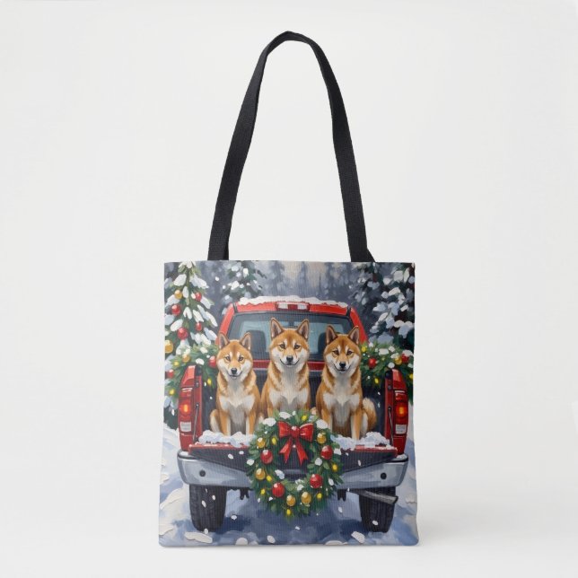 Shiba Inu Christmas Red Truck Holiday Tote Bag (Front)