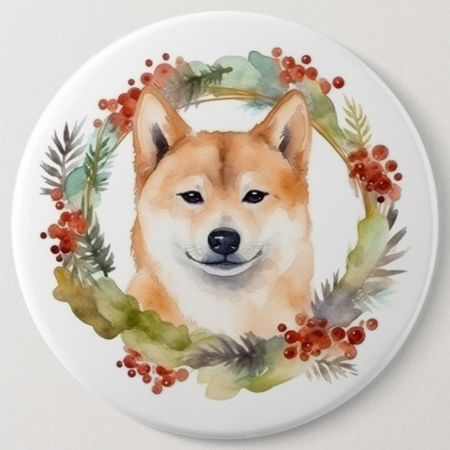Shiba Inu Christmas Wreath Festive Pup 6 Cm Round Badge (Front)