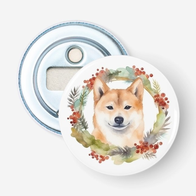 Shiba Inu Christmas Wreath Festive Pup Bottle Opener (Front)