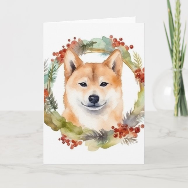 Shiba Inu Christmas Wreath Festive Pup Card (Front)