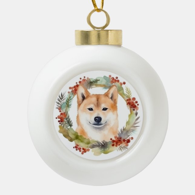 Shiba Inu Christmas Wreath Festive Pup Ceramic Ball Christmas Ornament (Front)