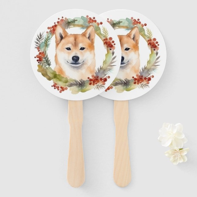 Shiba Inu Christmas Wreath Festive Pup Hand Fan (Front and Back)