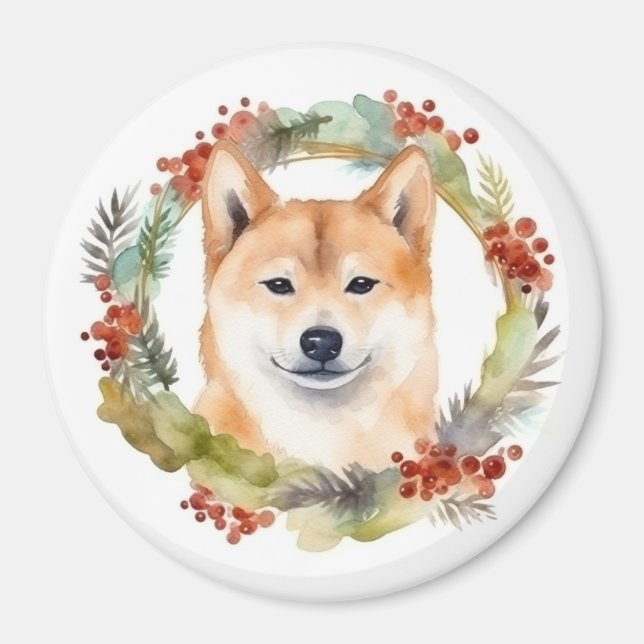 Shiba Inu Christmas Wreath Festive Pup Magnet (Front)
