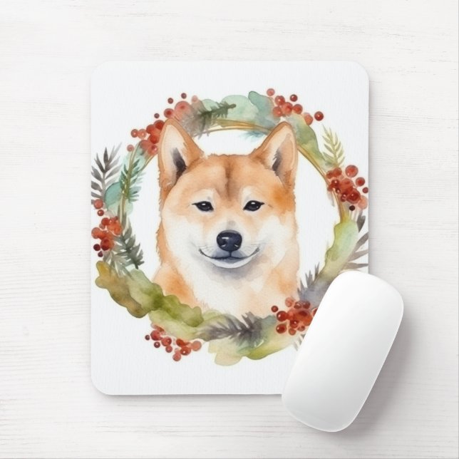 Shiba Inu Christmas Wreath Festive Pup Mouse Mat (With Mouse)