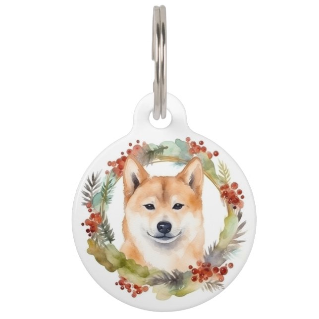 Shiba Inu Christmas Wreath Festive Pup Pet Tag (Front)