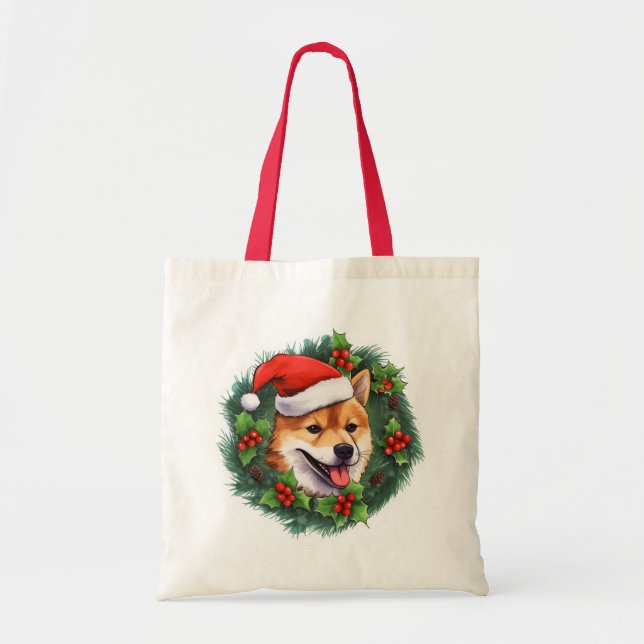 Shiba Inu Christmas Wreath Tote Bag (Front)