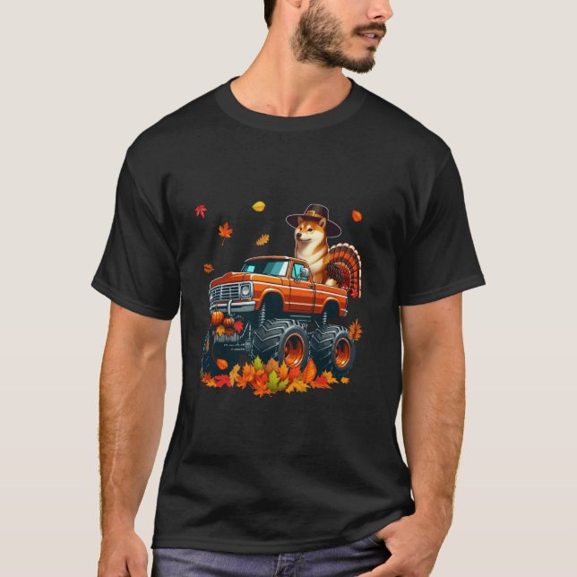 Shiba Inu Cosplay Turkey On Monster Truck Thanksgi T-Shirt (Front)