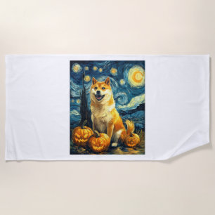 Shiba Inu Cute Dog Halloween Jack O Lantern Pumpki Beach Towel