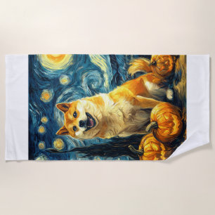 Shiba Inu Cute Dog Halloween Jack O Lantern Pumpki Beach Towel