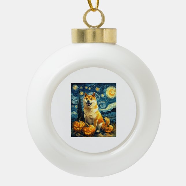 Shiba Inu Cute Dog Halloween Jack O Lantern Pumpki Ceramic Ball Christmas Ornament (Front)